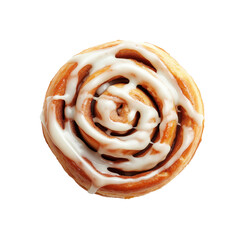 Fototapeta premium Freshly baked cinnamon roll with icing isolated on transparent white background