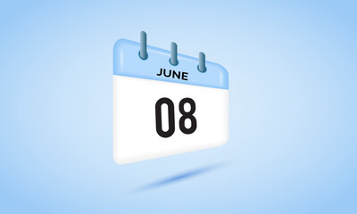 8th June daily calendar icon template. June 8 day calendar design. Single day calendar in vector illustration flat style.