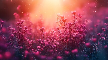 Heart-shaped flowers field sunset, romantic nature scene, perfect for a love theme