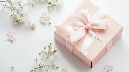 Luxury gift box, elegant ribbon, pastel wrapping, white surface, decorative flowers, soft lighting, delicate, premium packaging, celebration, special occasion, romance, surprise,, advertising, banner.