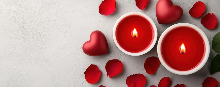 Creative flat lay of Valentines Day decor, including heartshaped candles, rose petals, and cupidthemed ornaments 3D render