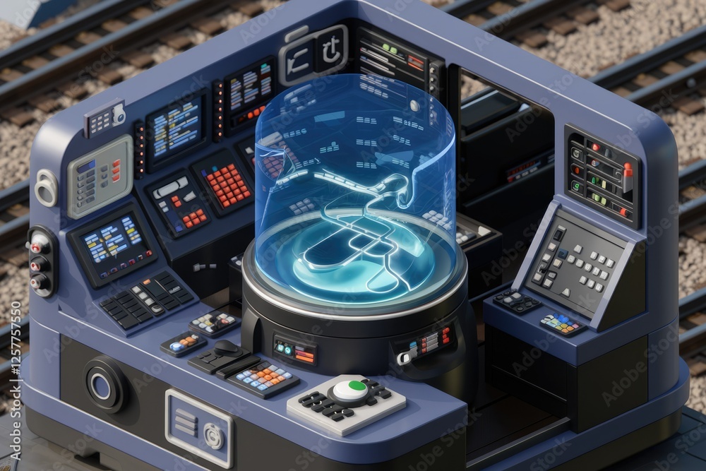 Poster Futuristic train control panel with a holographic display showing a route map.