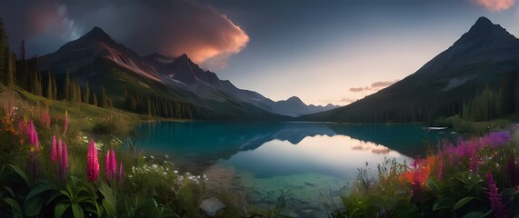 A tranquil mountain lake surrounded by vibrant flora inviting nature lovers to take a moment to embrace the beauty of serene getaways