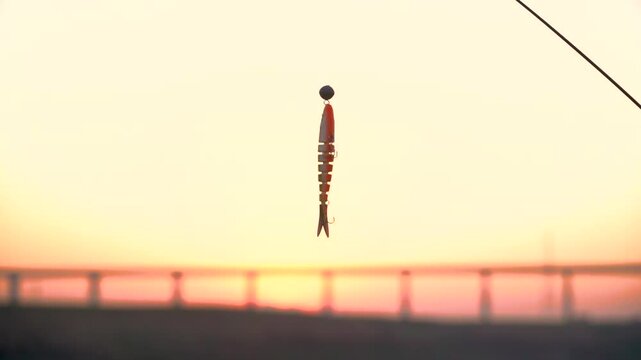 Fishing bait for fishing with pinning rod at sunset. Silicone bait on a double hook