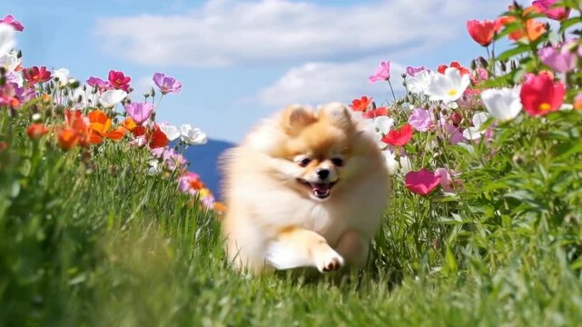 Cute fluffy puppy enjoys running through a bright meadow