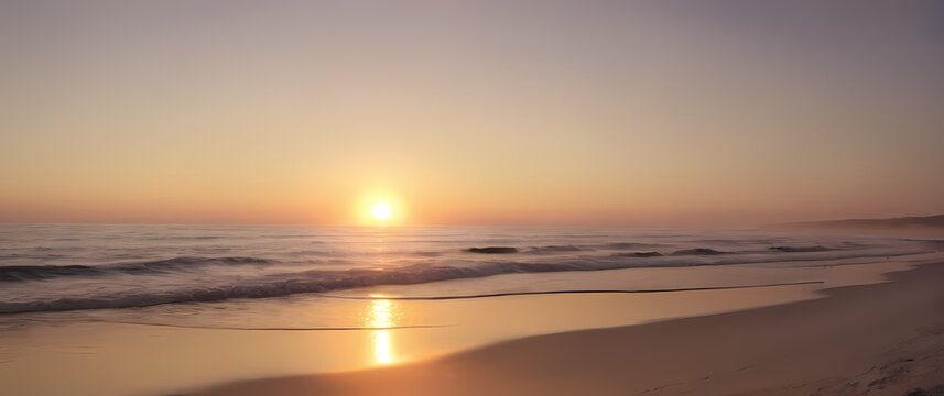 A tranquil beach sunrise with soft hues blooming on the horizon inviting moments of reflection and peace as day breaks