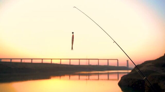 Fishing bait for fishing with pinning rod at sunset. Silicone bait on a double hook