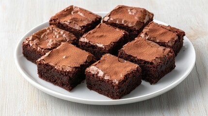 Gluten ingredients and digestive, A plate of chocolate brownies cut into squares, showcasing a rich, fudgy texture with a slightly shiny top.