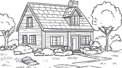 Obraz premium Cozy cottage, landscaped yard, sunny day, coloring book page