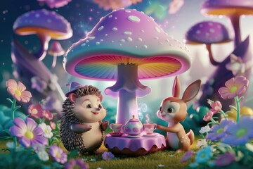 Fototapeta premium Adorable hedgehog and bunny enjoy a magical tea party under a rainbow mushroom in a whimsical forest.
