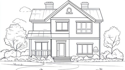 Obraz premium Suburban house, landscaping, sunny day, coloring book illustration