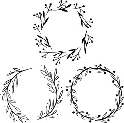 3 flower wreathes with leaves black and white