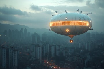 Futuristic flying saucer hovering over a modern cityscape