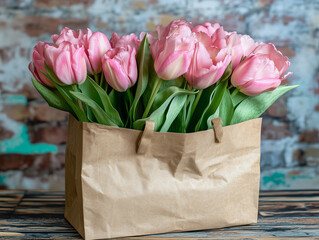 pink tulips on wooden background