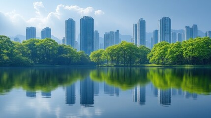 Obraz premium Serene cityscape with skyscrapers reflecting in a tranquil lake surrounded by lush greenery