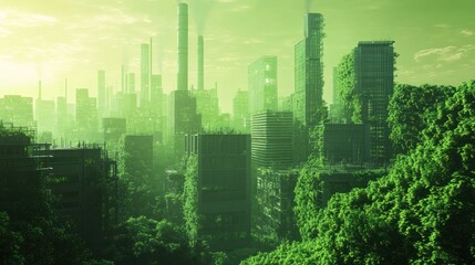 Overgrown cityscape, nature reclaiming urban structures.