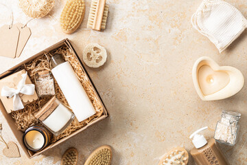 The zero waste concept. A gift box with natural cosmetics and candles for Valentine's Day.