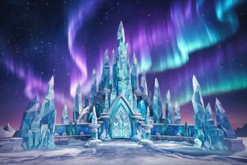 Obraz premium A majestic ice castle stands under a vibrant aurora borealis, a breathtaking winter wonderland.