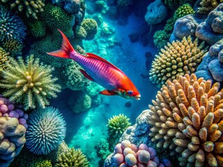 Obraz premium Aerial Drone Shot of Hemiulis Leucura Wrasse in Vibrant Coral Reef