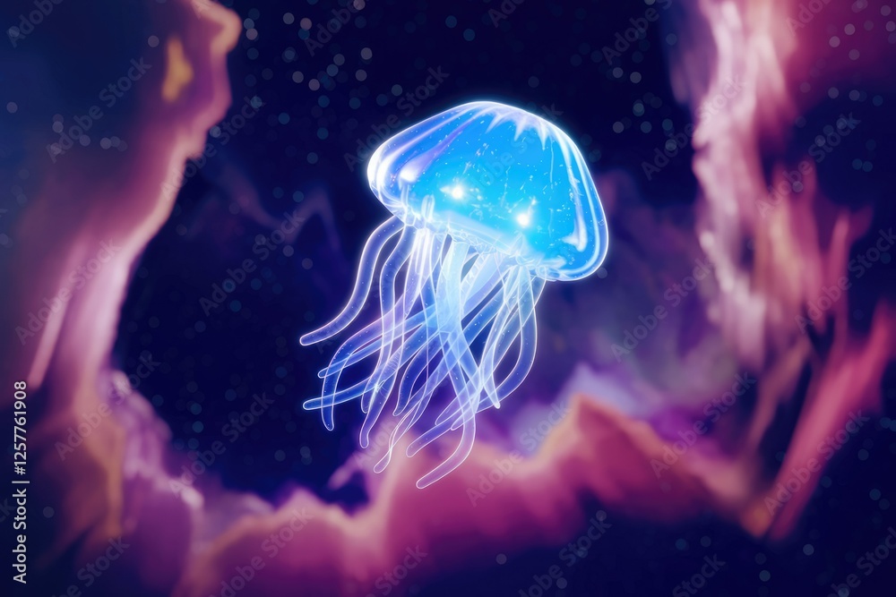 Poster a bioluminescent jellyfish gracefully floats in a vibrant nebula, its tentacles trailing ethereal li