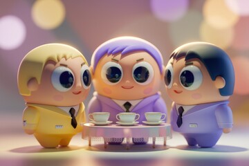 Obraz premium Three cute cartoon characters in suits enjoy tea together at a small table.