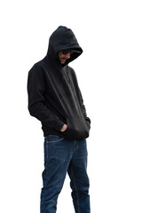Man in Black Hoodie and Jeans Looking Down with Hands in Pockets, Isolated