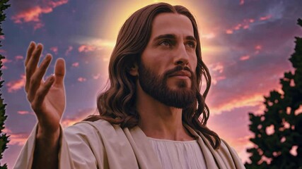 A video still of a serene figure in white robes, arms open, against a vibrant sunset. Low angle captures a divine, peaceful ambiance on a grassy hill.