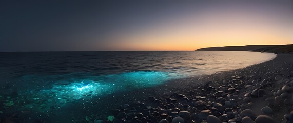A small glimmer of water sparkling at the horizon near pebbled shores inviting exploration and peaceful moments at the edge of the world