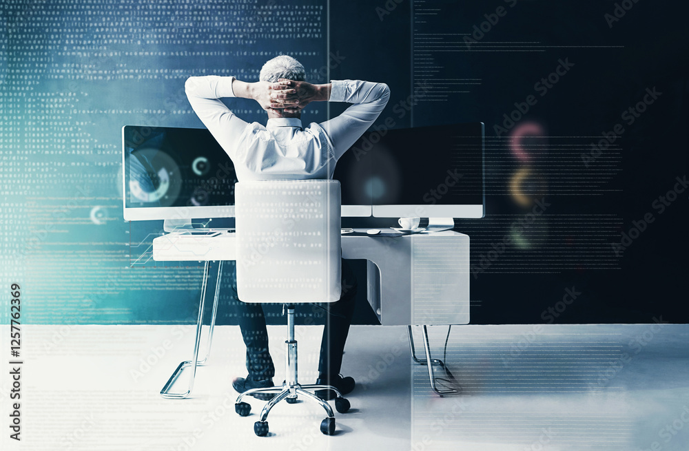 Poster back, data and overlay with business man in studio for investment or stock market trading. computer 