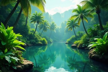 Lush green tropical plants surrounding a calm lake, peaceful scene, lake