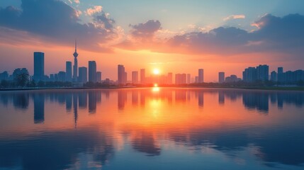 Sunset over a city skyline reflecting on a tranquil lake with colorful clouds in the background