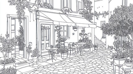 Charming cobblestone street cafe, Italy; outdoor seating, plants
