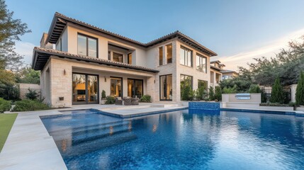 Fototapeta premium Luxury home with pool and landscaped yard at sunset.