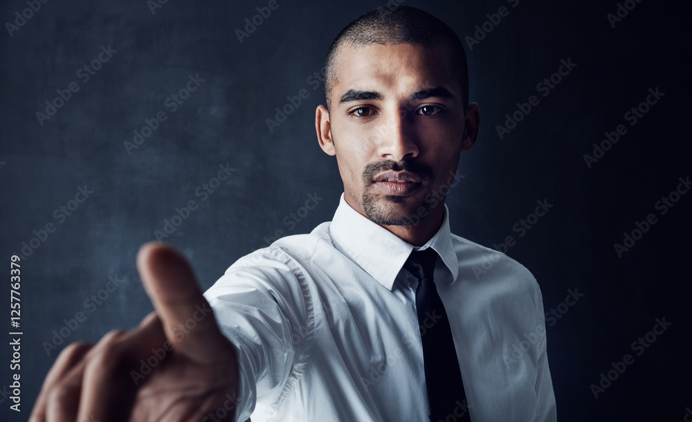 Aufkleber Cyberspace, fingerprint and interface with business man on black background for connection. Biometrics, metaverse and virtual reality with user in dark for cloud computing or futuristic networking