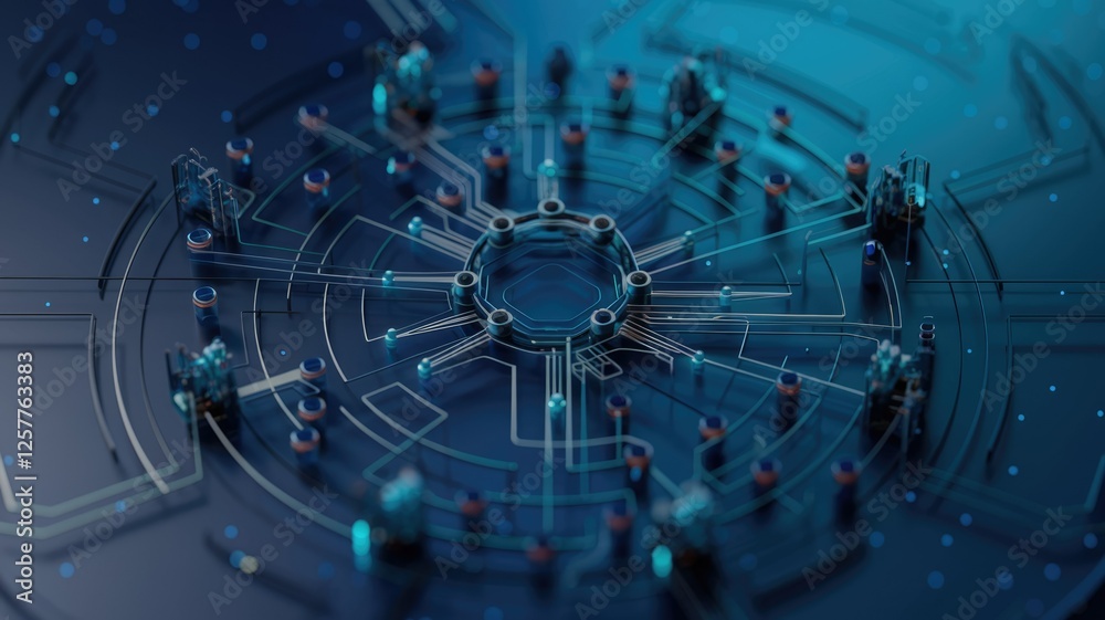 Poster Abstract 3D rendering of a futuristic technological circuit board, showcasing intricate connections and glowing nodes.