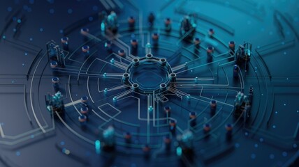 Abstract 3D rendering of a futuristic technological circuit board, showcasing intricate connections and glowing nodes.