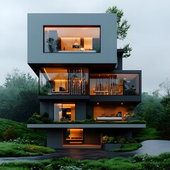 Minimalist and Transparent Modern House Design with Exposed Underground Piping Intricate Plumbing Revealed Through Glass Walls Stark Monochromatic Color Palette and Serene Natural Landscape Backdrop
