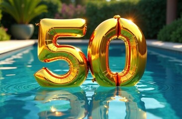 Celebrating a milestone birthday  with  golden number-shaped balloons 50 on the swimming pool
