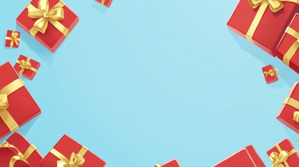 Red gifts frame blue background; celebration design