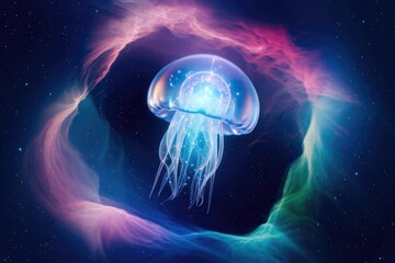 A bioluminescent jellyfish floats through a vibrant nebula, its form interwoven with starlight.
