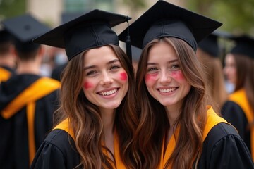 two young women celebrating at graduation ceremony caps gowns