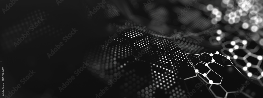 Wall mural stylish black background with hexagons and dots for design. banner template with white center text a