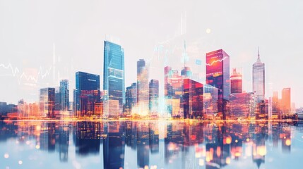 Obraz premium Image of stock market and diagrams over cityscape. Global business and digital interface concept digitally generated image.