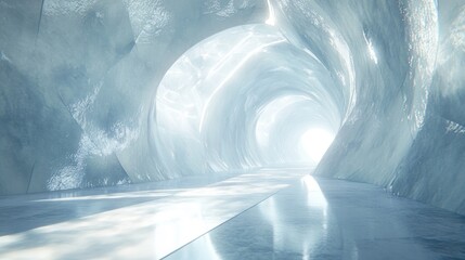 Futuristic ice tunnel, light at end, reflective floor, abstract background, sci-fi concept