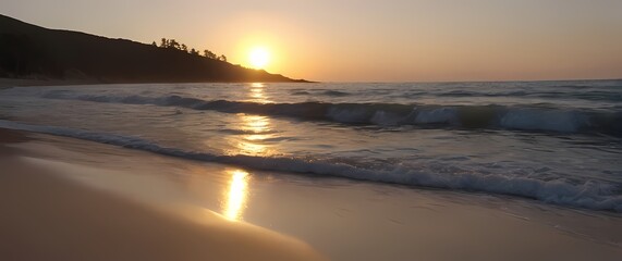 A serene beach dawn with gentle waves lapping against the shore inviting peaceful moments spent reflecting on lifes simplicities