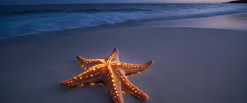 A serene beach scene at twilight with starfish resting by the shore inviting peaceful moments spent appreciating the simpler things in life