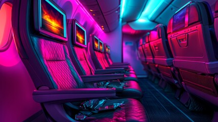 Passengers interact with diverse in-flight entertainment options on the seatback screens of an aircraft, with a deep depth of field that brings out the technological features and the