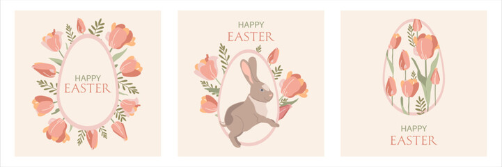 Postcards with Easter eggs, rabbit and flowers in flat style in pastel colors.