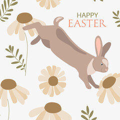 Postcard with Easter eggs, rabbit and flowers in flat style in pastel colors.