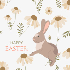 Postcard with Easter eggs, rabbit and flowers in flat style in pastel colors.